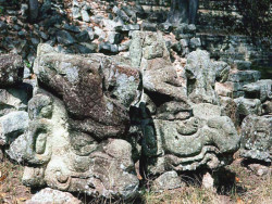 41 two stone mayan heads at the ruins site in copan
